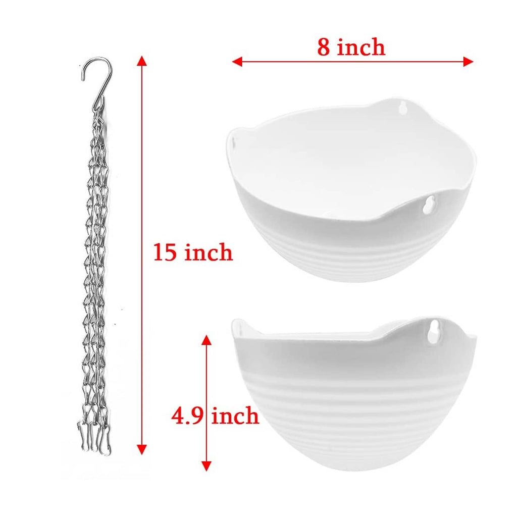 White hanging planter with metal chain, 8 in diameter x 4.9 in height