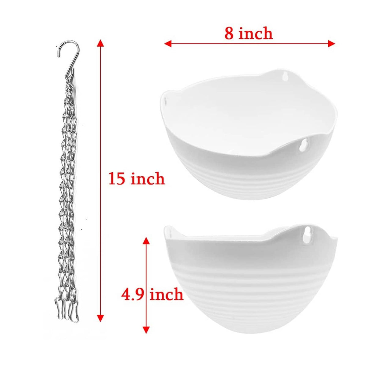 White hanging planter with metal chain, 8 in diameter x 4.9 in height