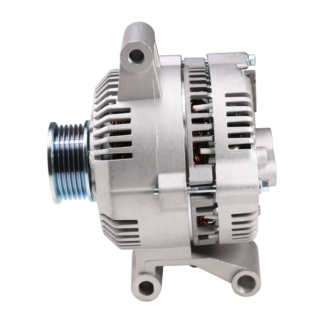 Engine alternator with pulley nose and vented housing, side mounting bracket and terminals