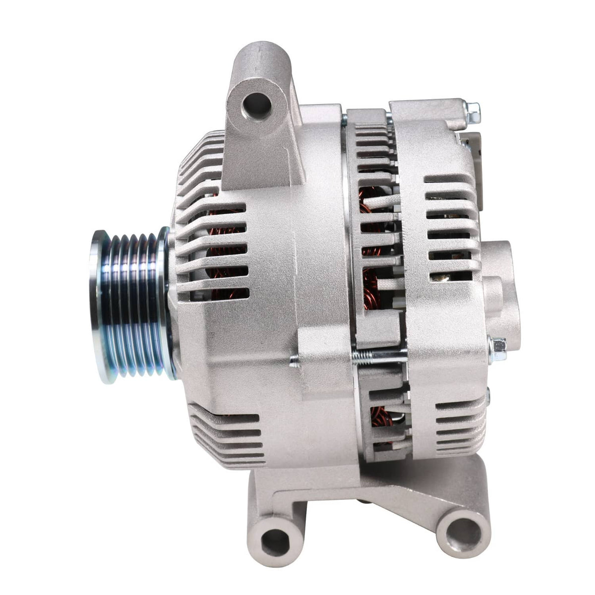 Engine alternator with pulley nose and vented housing, side mounting bracket and terminals