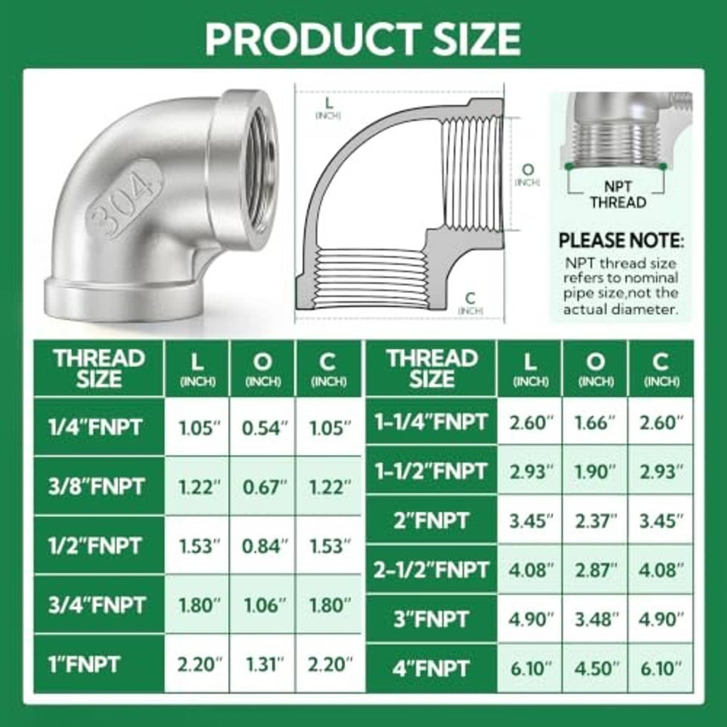 90-degree elbow fitting size chart showing FNPT thread sizes and dimensions
