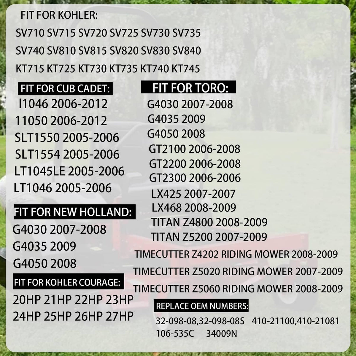 Compatibility chart for replacement lawn mower starter motor for Kohler and others