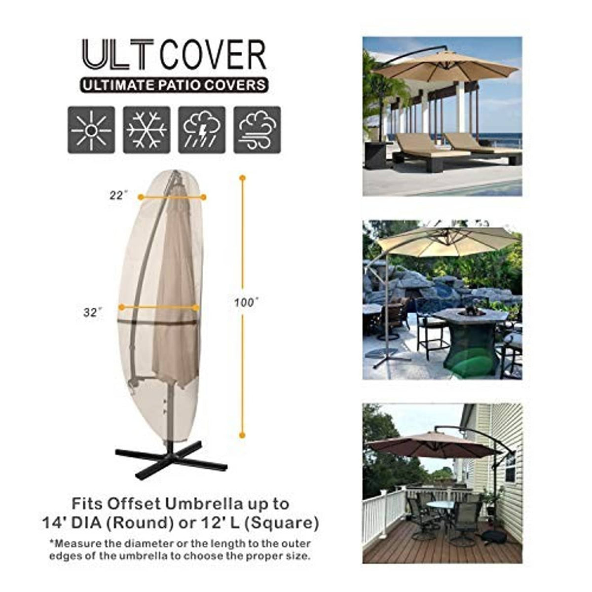 Tan umbrella cover on cross base stand with fit and height indicator lines