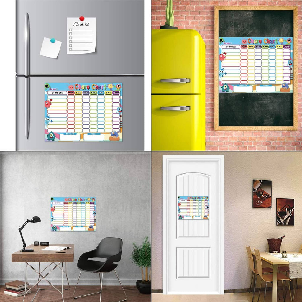 Kids chore chart displayed on refrigerator and wall across multiple rooms