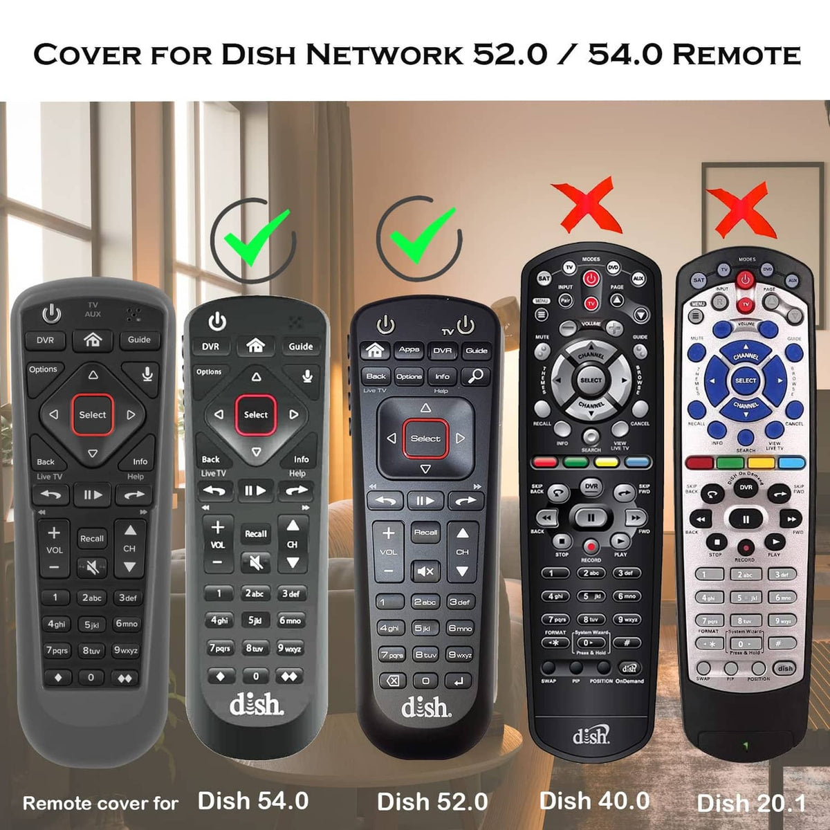Gray remote control cover shown for Dish models with matching button layout.