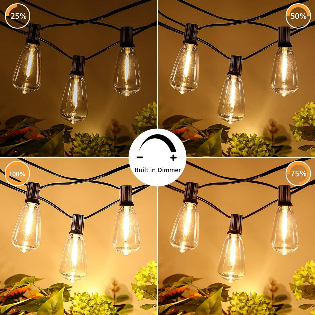 Outdoor dimmable string lights with black wire and warm amber glowing bulbs