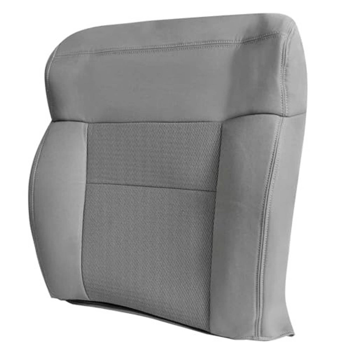 Gray car seat back cover with textured center insert and curved stitched edges