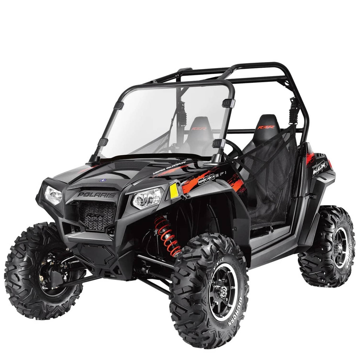 Polaris RZR full windshield with clear screen and black frame, front view