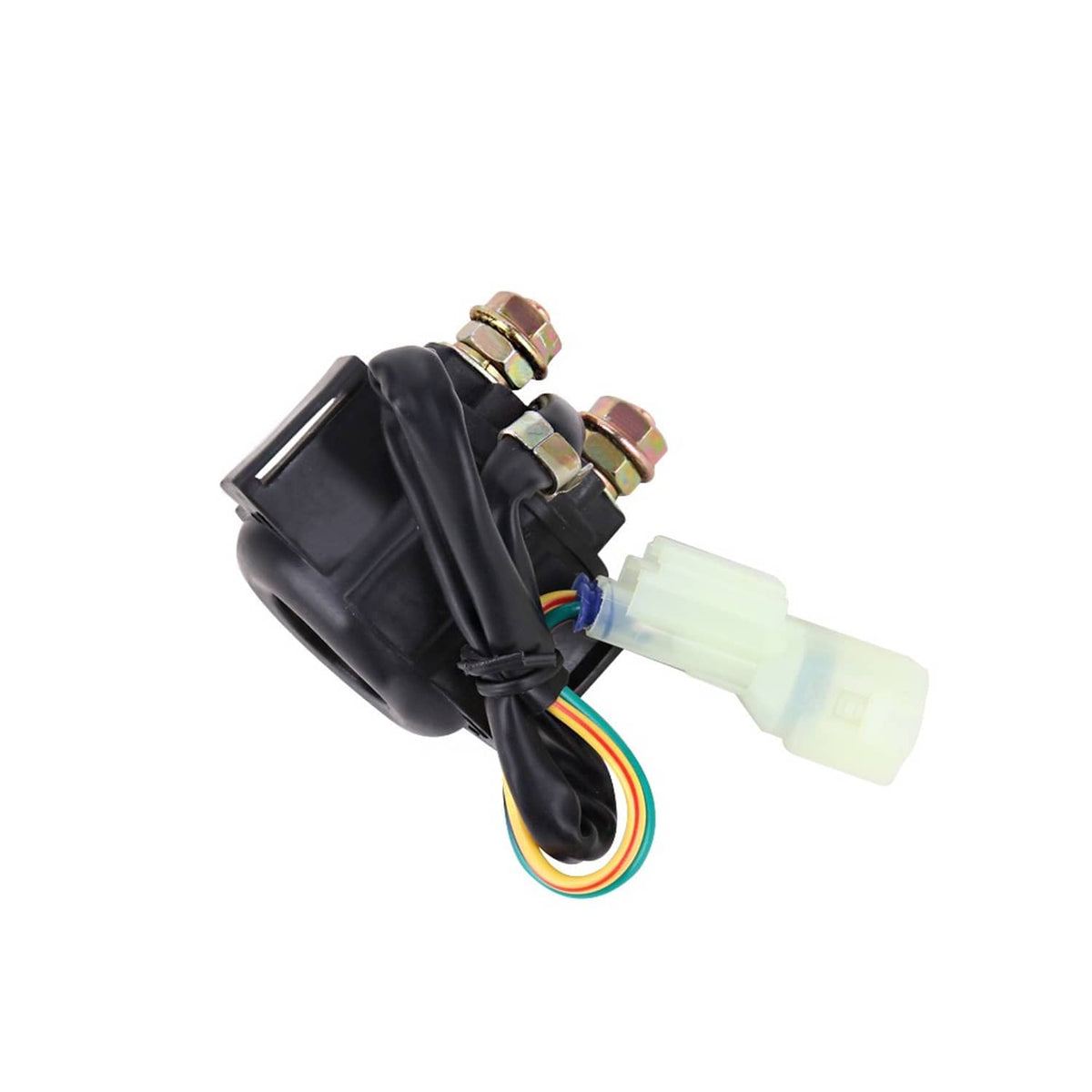 Starter relay solenoid with black cover, two mounting bolts, and multi-color wiring