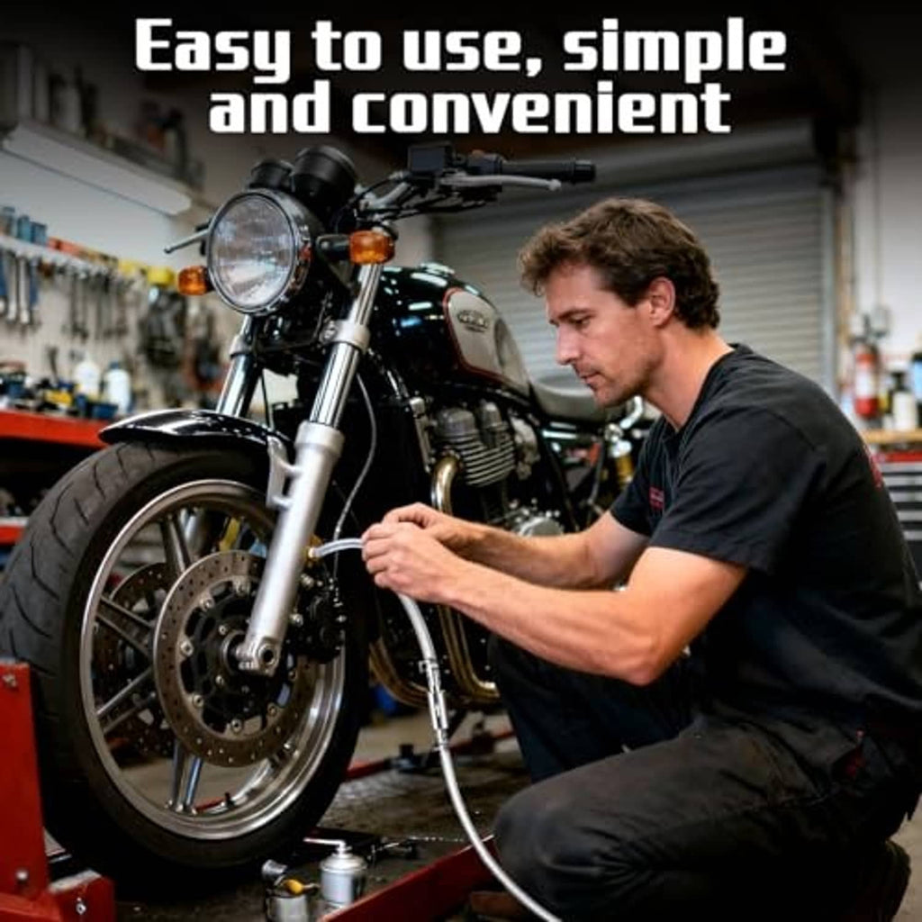 Motorcycle brake bleeding kit: person using syringe with hose on front wheel