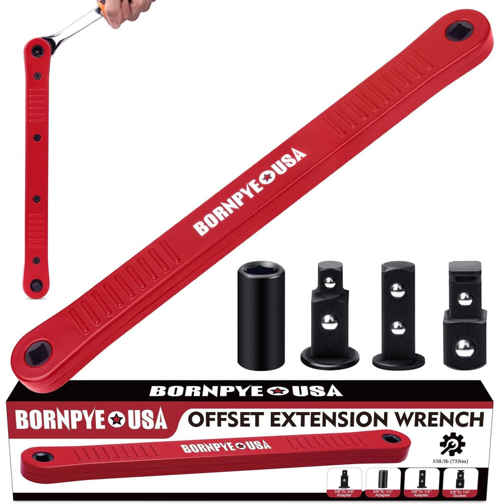 Red offset extension wrench with impact-ready socket adapters, metal.
