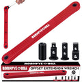 Red offset extension wrench with impact-ready socket adapters, metal.