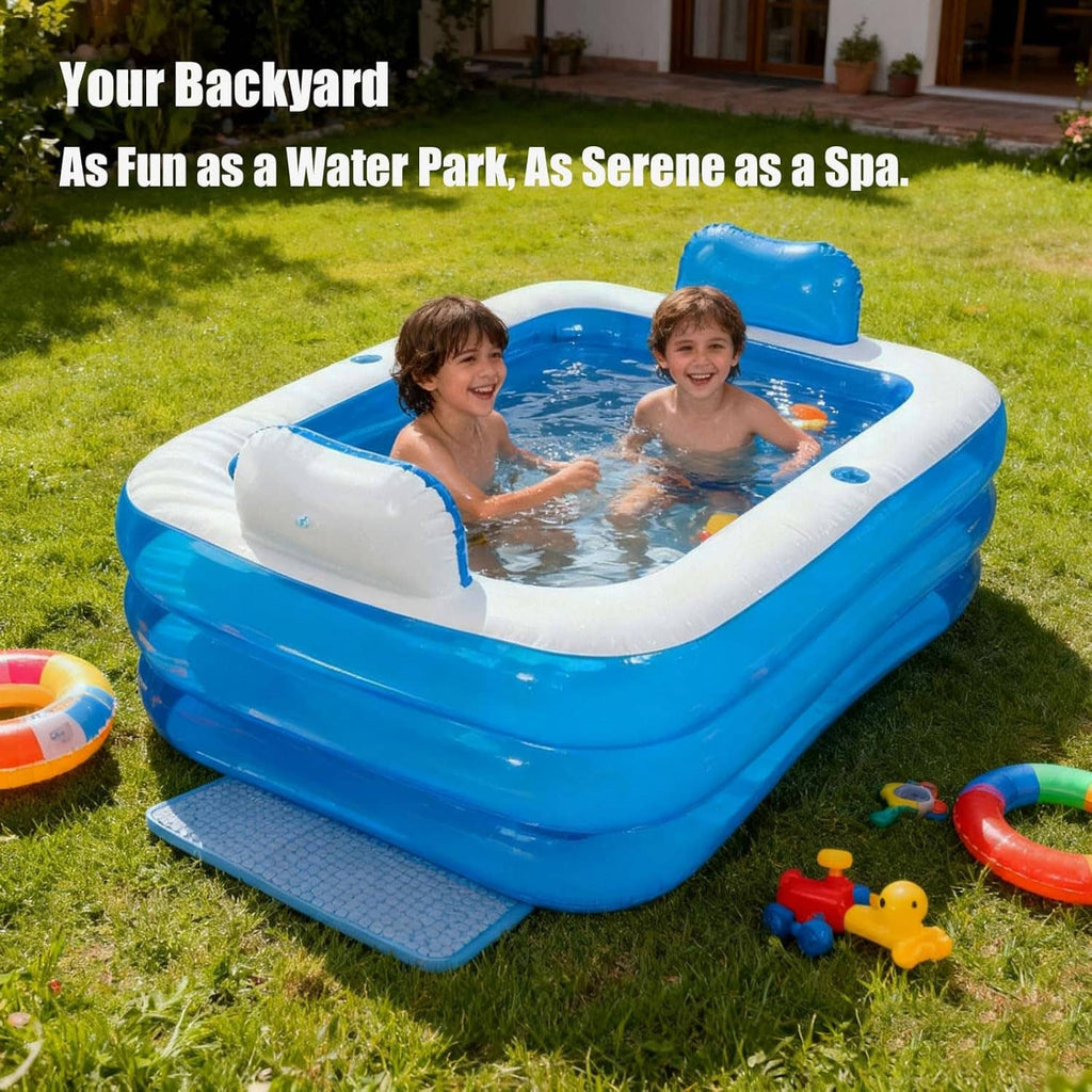 Blue double inflatable bathtub with white rim and headrest, used by two children outdoors