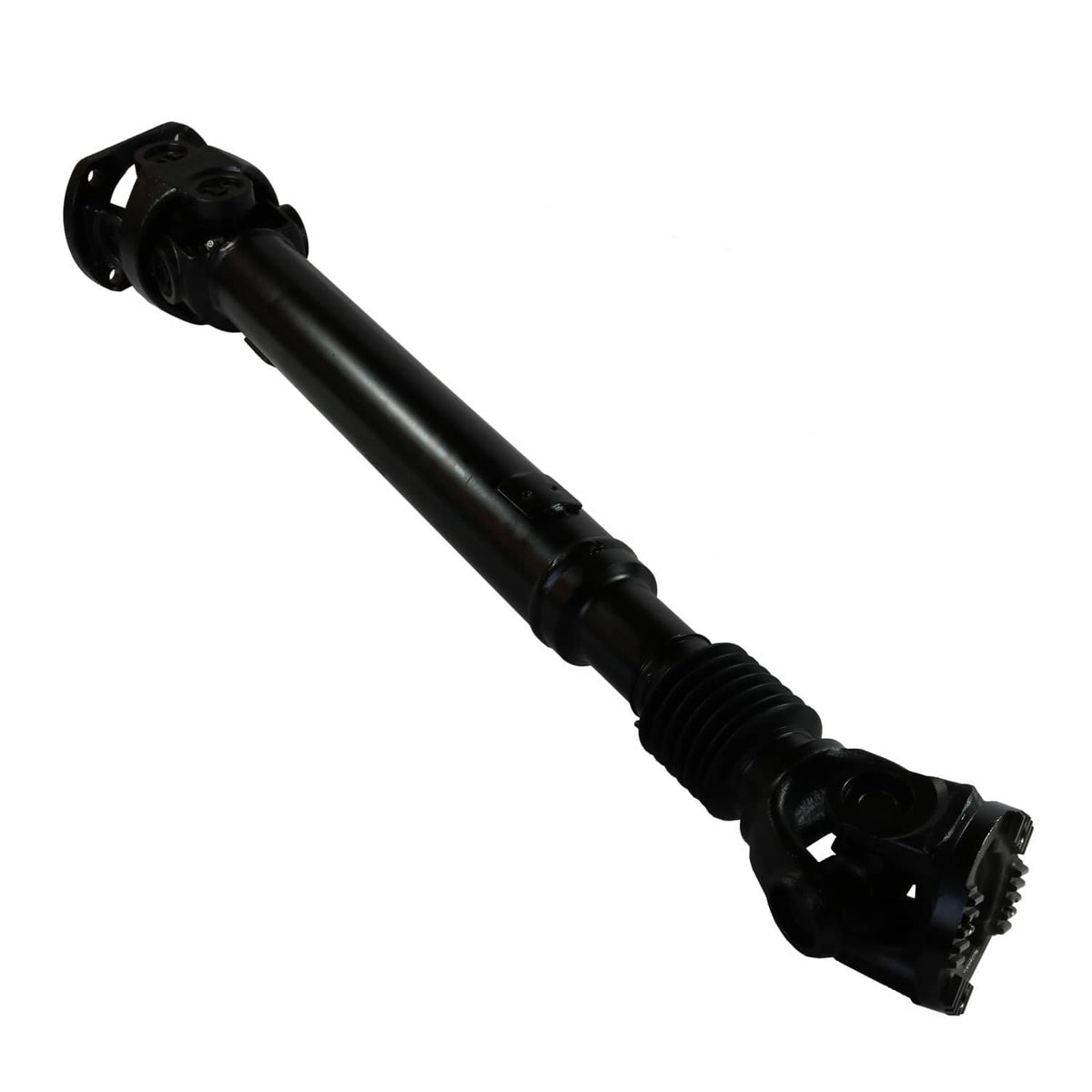 Front drive shaft with black tube and flanged joint end, showing ribbed housing