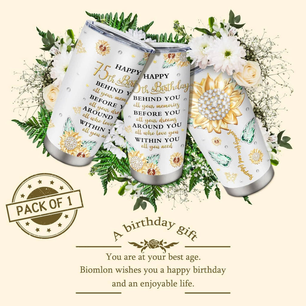 Set of white 20 oz tumblers with gold flower and “Happy 75th Birthday” text