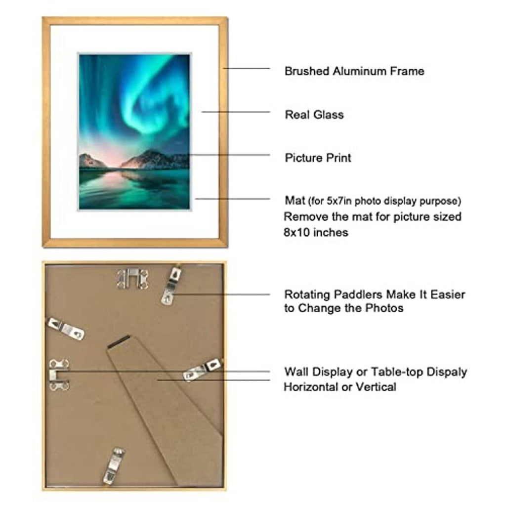 Bronze brushed aluminum picture frame with real glass, mat insert, and rotating hangers