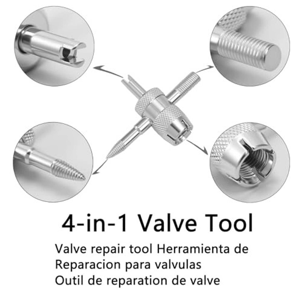 4-in-1 tire valve tool with metal installer rod and multi-stage connector