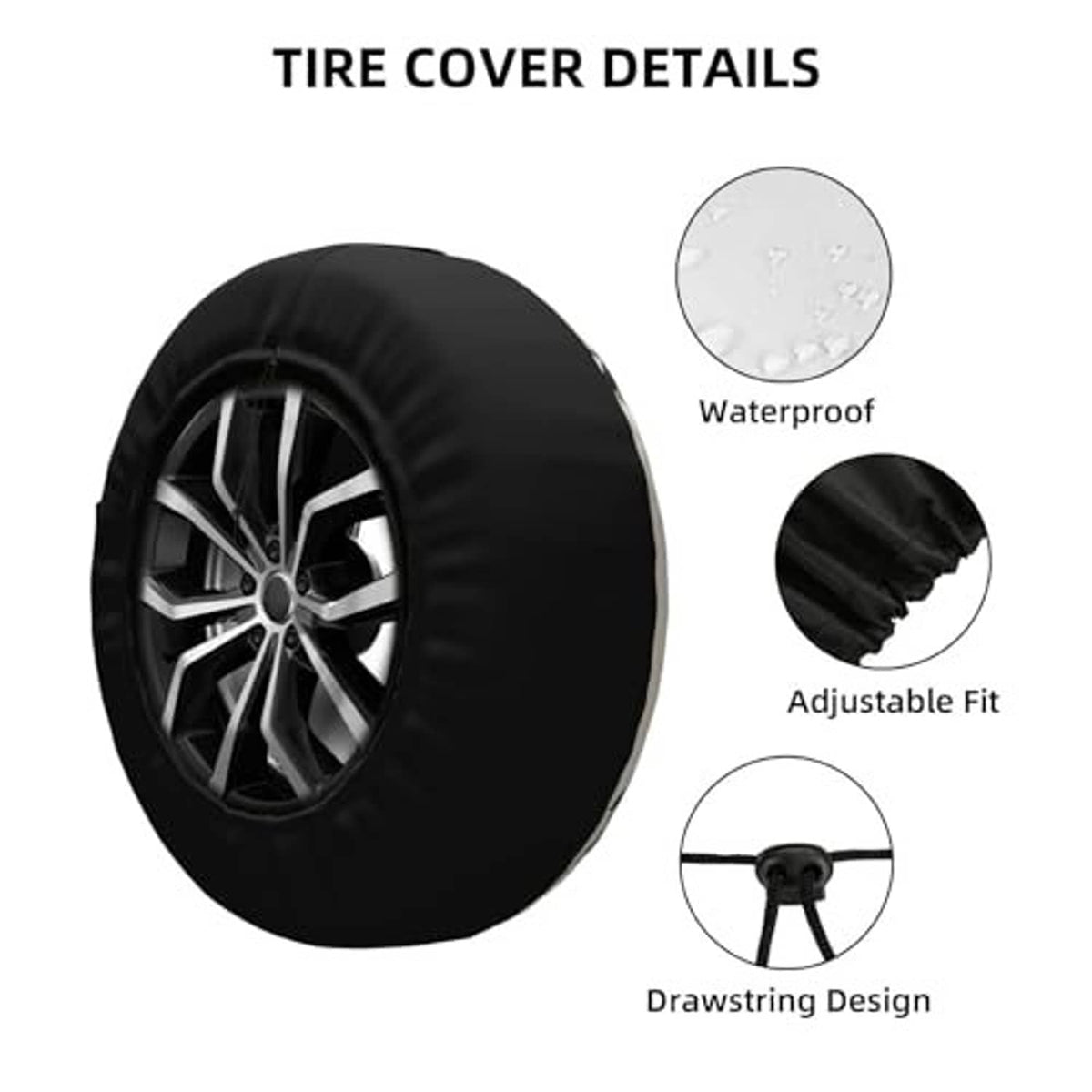 Spare tire cover details: waterproof, adjustable fit, drawstring design