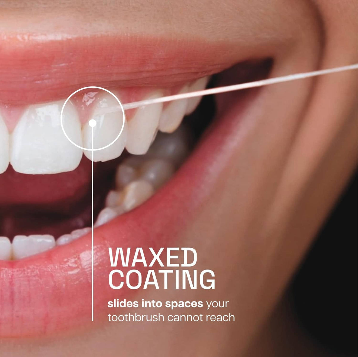 Mint waxed dental floss thread held between teeth for cleaning