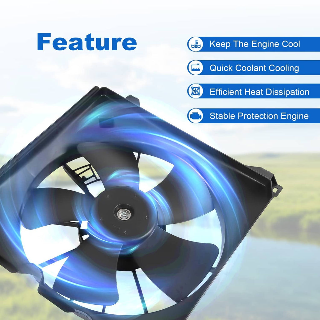 Radiator cooling fan assembly with black blades and central motor hub