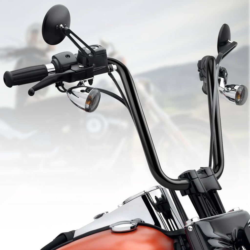 Black motorcycle ape hanger handlebars with grips and front-mounted controls