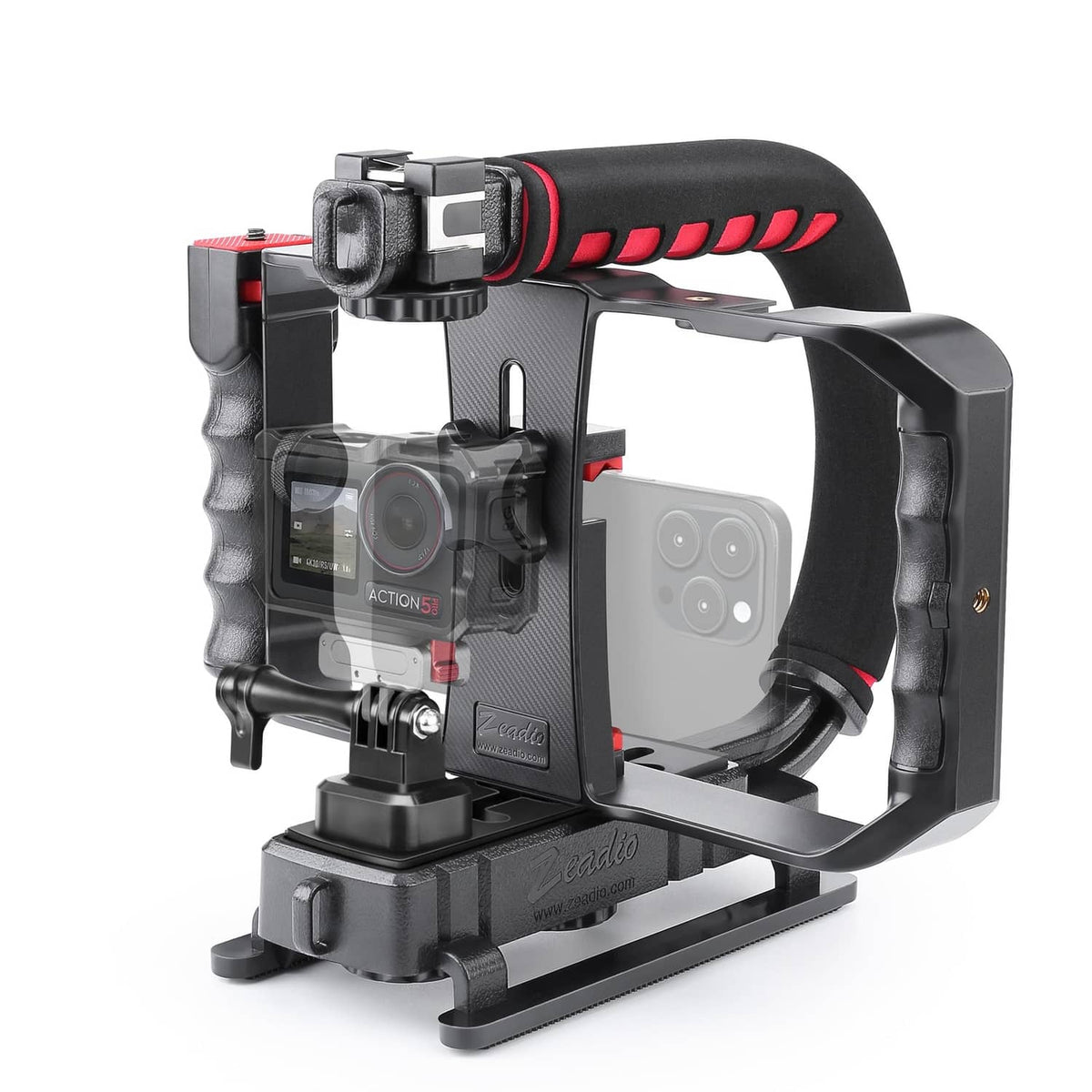 Black smartphone handheld stabilizer with red grip and cold-shoe mounts