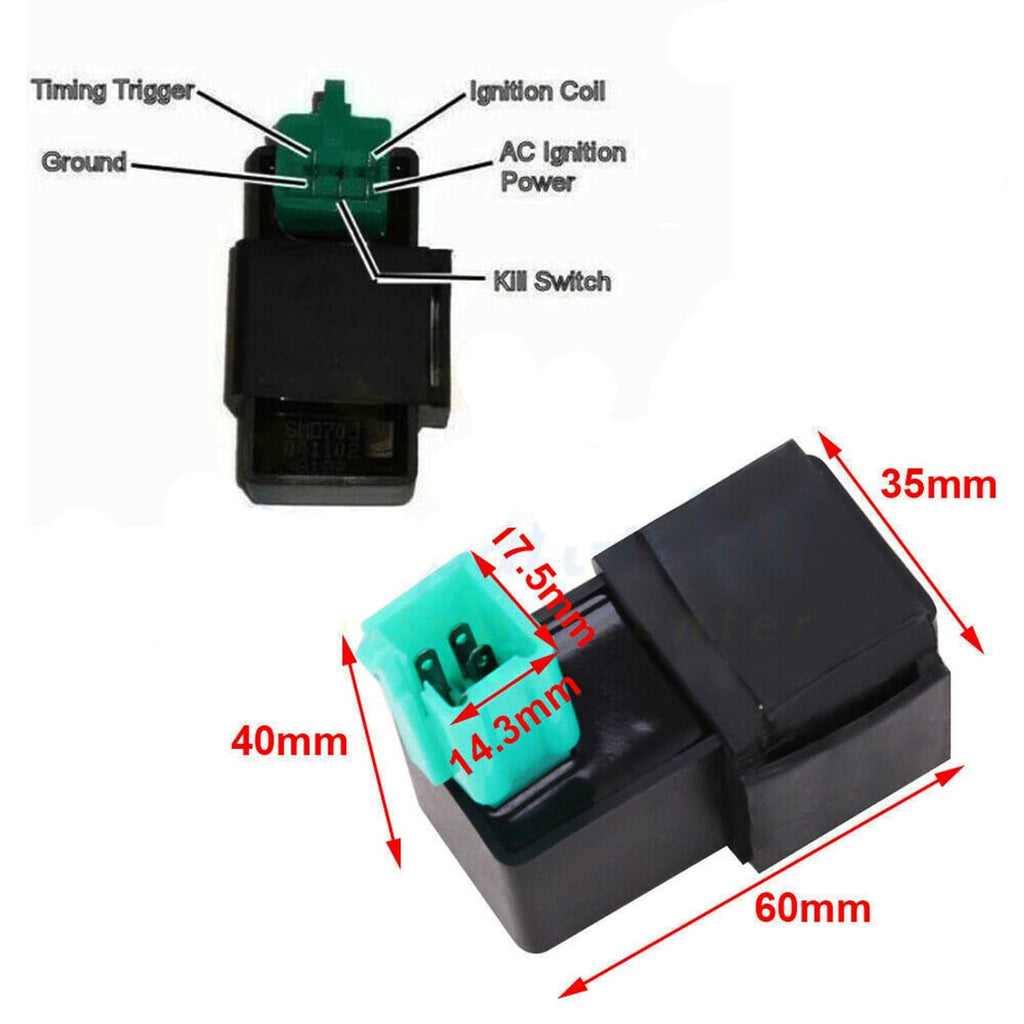 CDI ignition box with turquoise connector, labeled wiring diagram and size measurements
