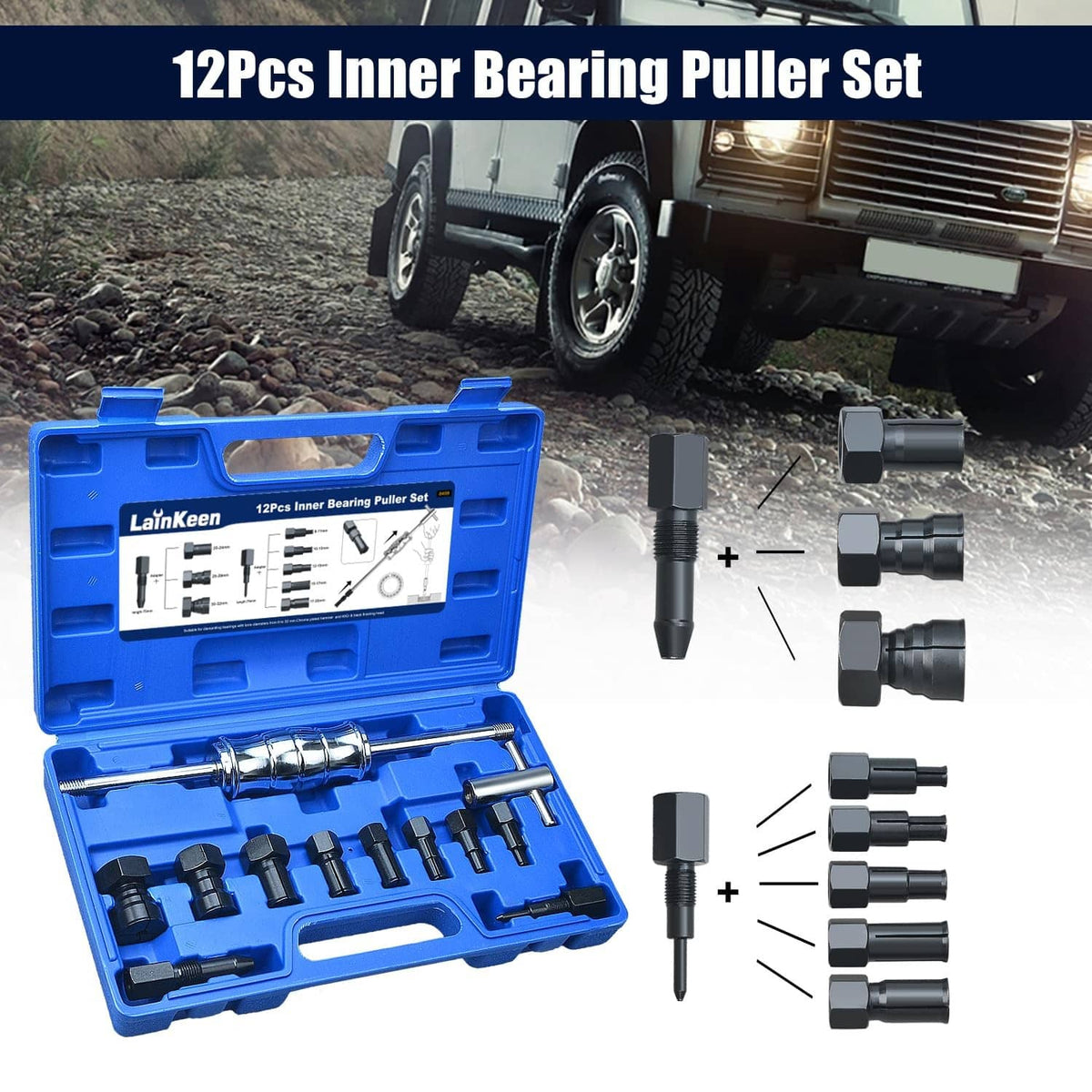 12-piece inner bearing puller set kit with puller body and multiple collet attachments