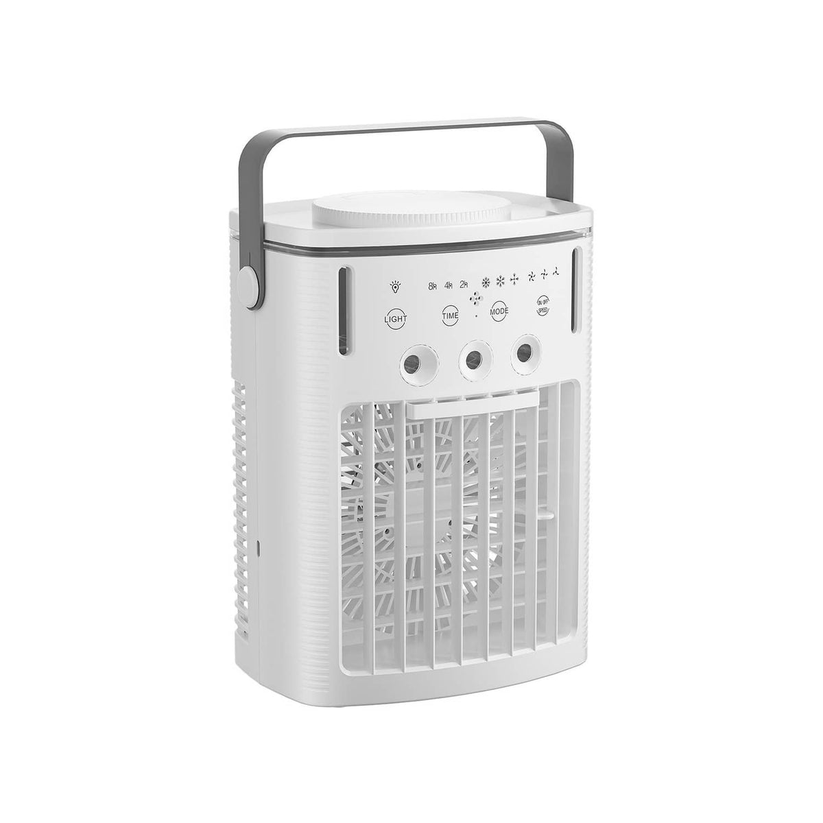 Portable air cooler with front vent grille and control panel, white body with top handle