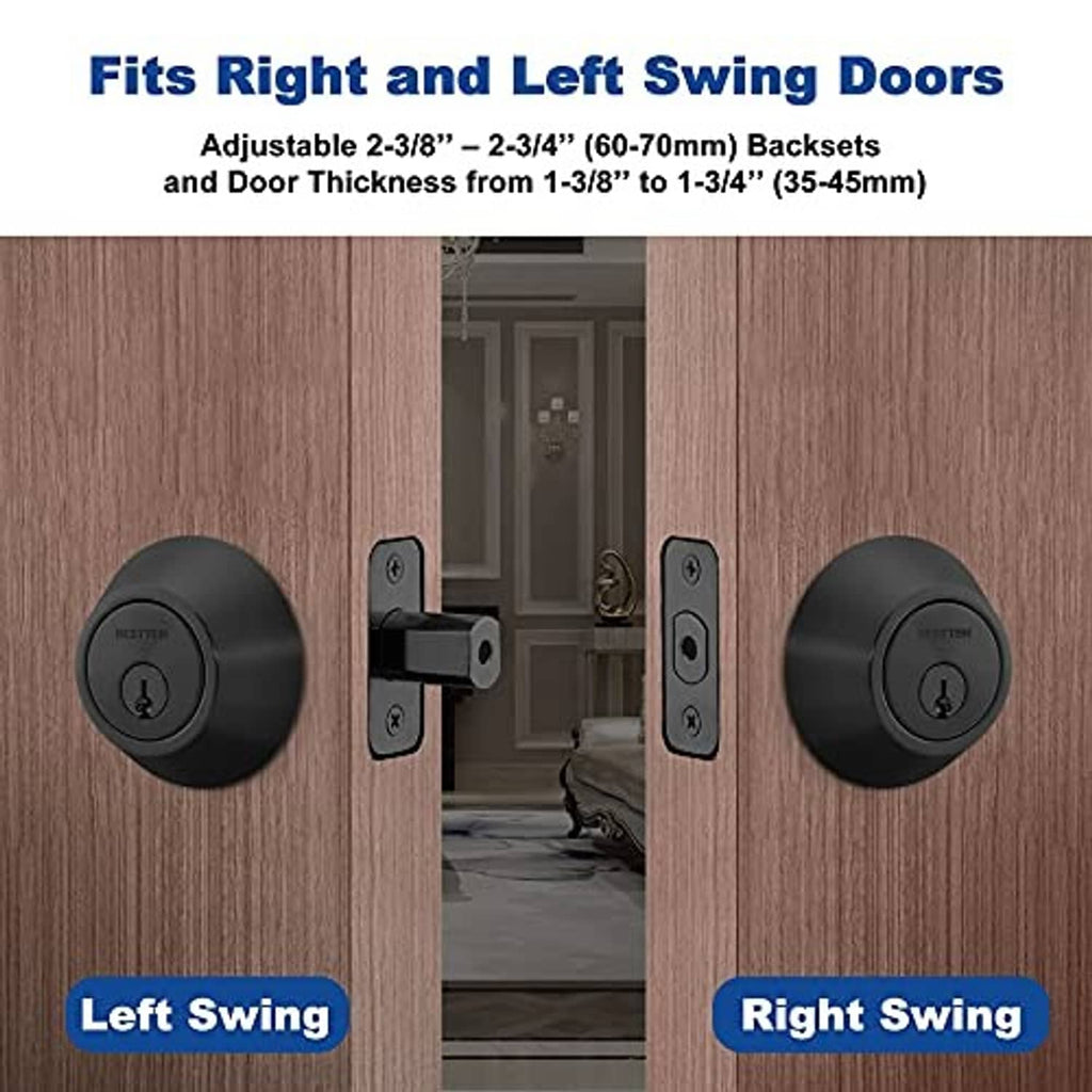 Matte black deadbolt exterior lock with round key face for left and right swing doors