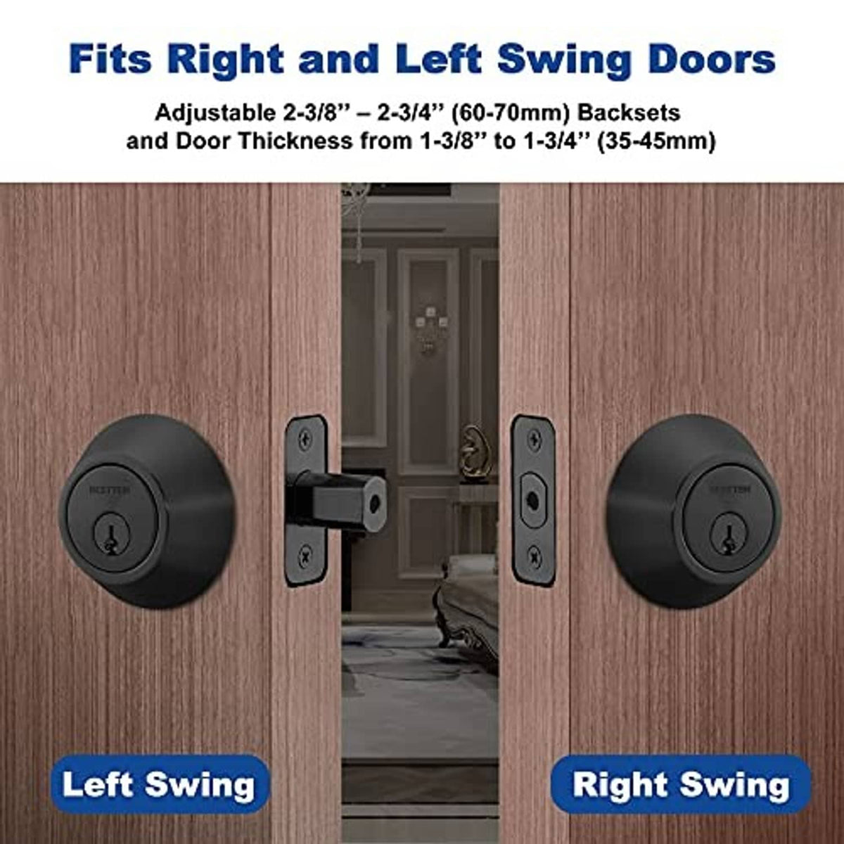 Matte black deadbolt exterior lock with round key face for left and right swing doors
