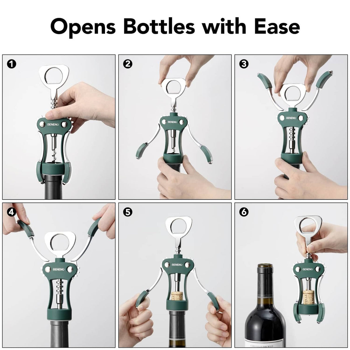 Dark green wing bottle opener shown in multiple hand positions on bottles