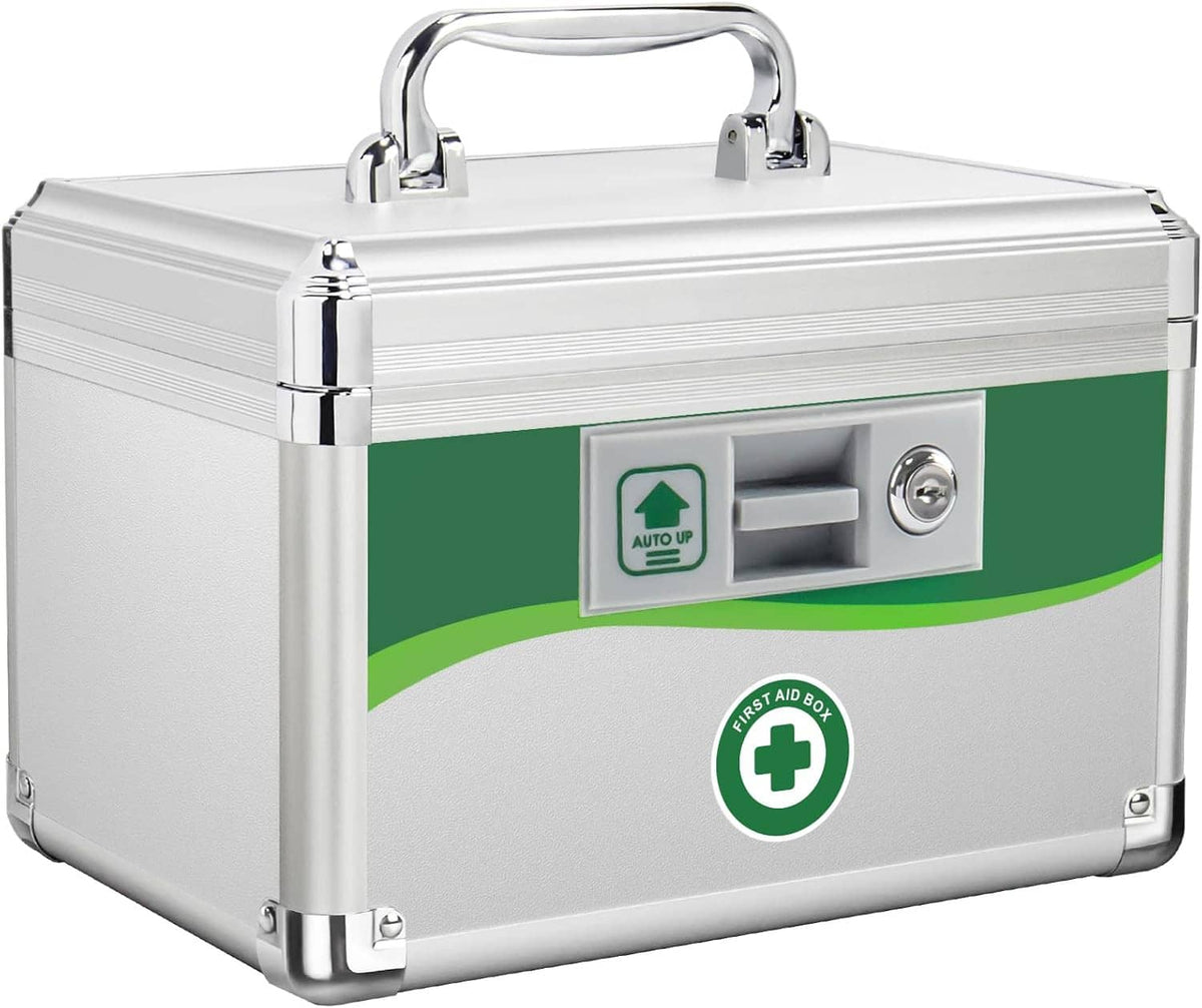 Small metal medicine lock box angled front view with chrome handle and green stripe