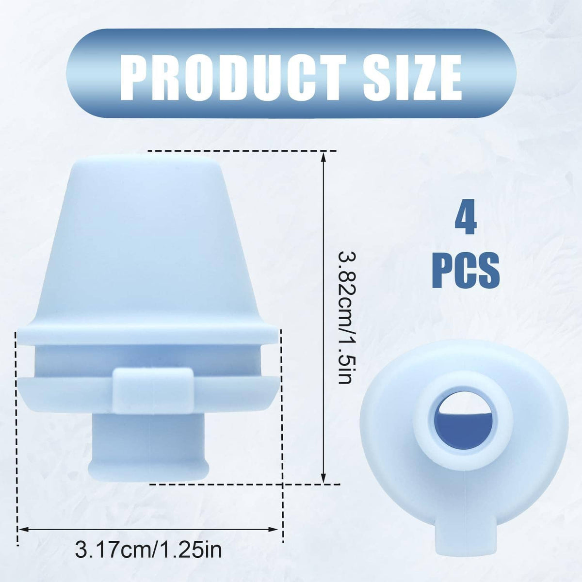 Light blue bite valve size diagram for 4 replacement pieces, with dimensions