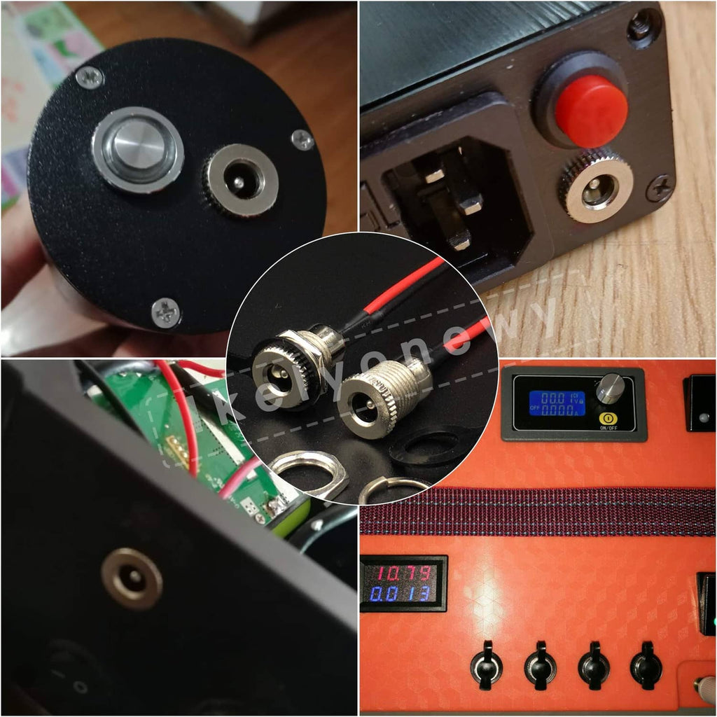 DC power jack components used on a device panel with connected wires