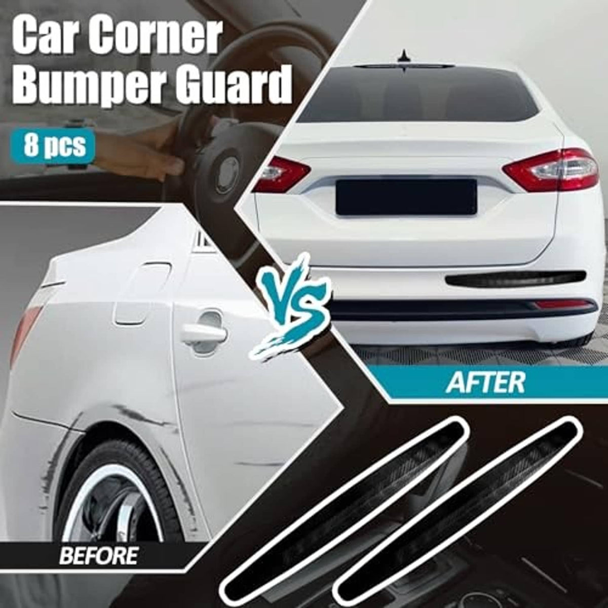 Anti-collision bumper guard kit with black strips on car rear and side