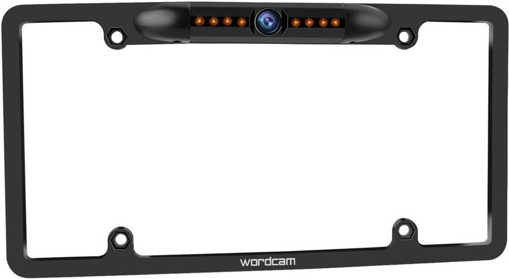 Universal license plate frame rear view backup camera with wide lens in center