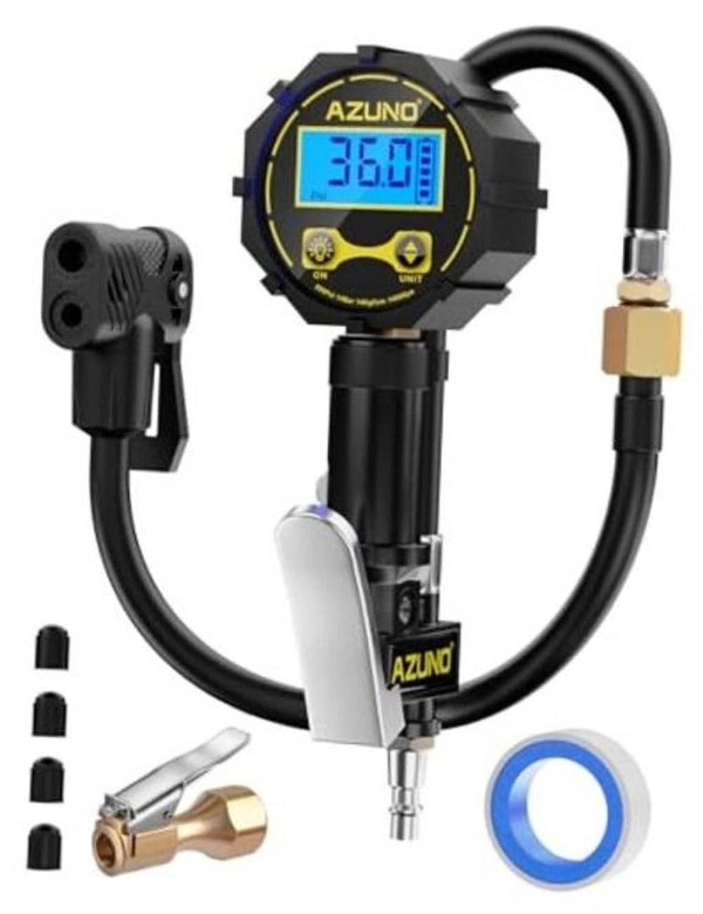 Digital tire inflator gauge with dual-port adapter, black hose and pressure display