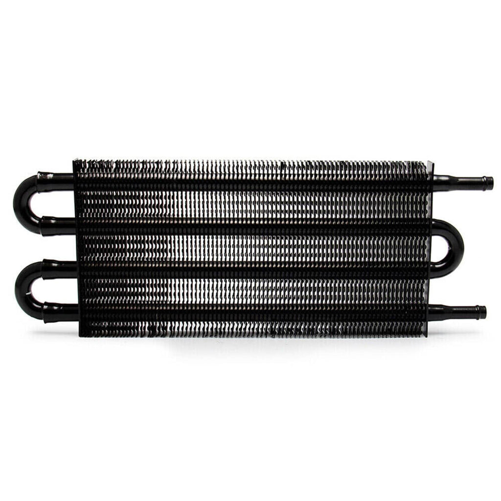 Oil cooler radiator with black fin core and two curved hose ports