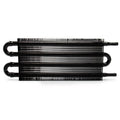 Oil cooler radiator with black fin core and two curved hose ports