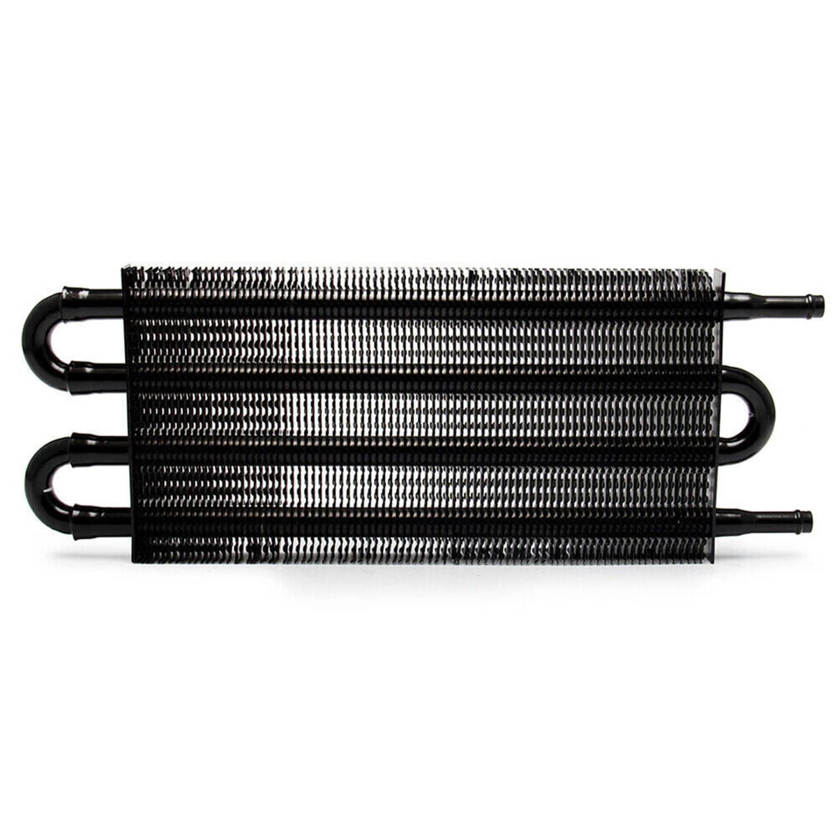 Oil cooler radiator with black fin core and two curved hose ports