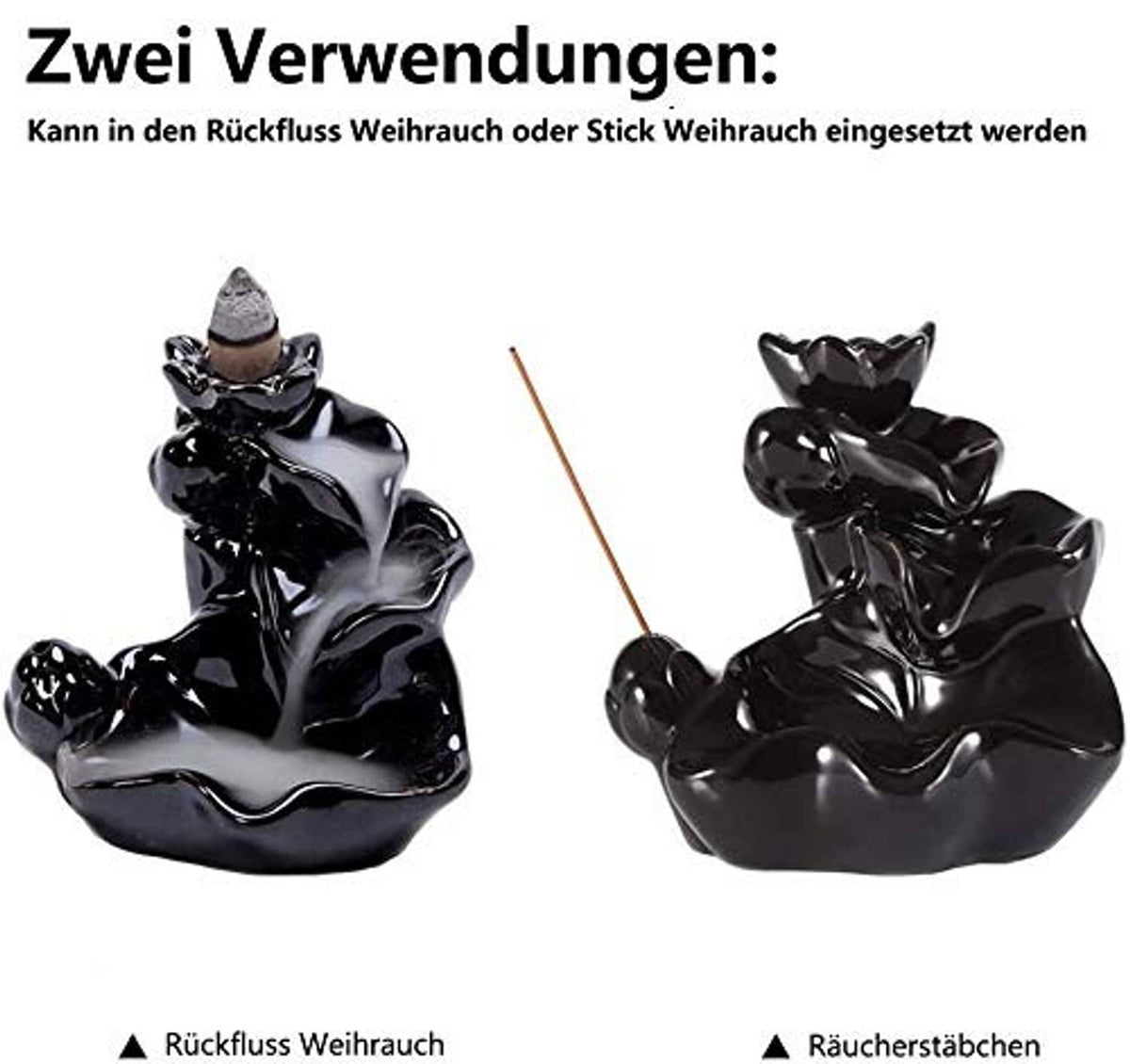 Pair of black ceramic incense holders shaped as seated lotus figures on bases