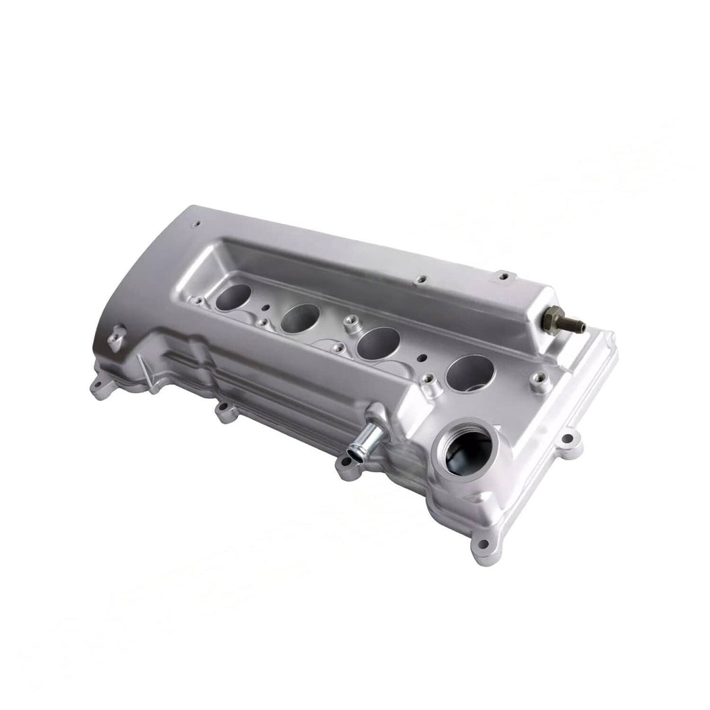 Aluminum valve cover with gasket, angled side view with circular openings and outlet