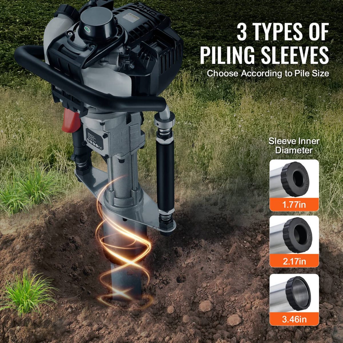 Gas fence piling pounder driving a stake into soil with visible exhaust flame