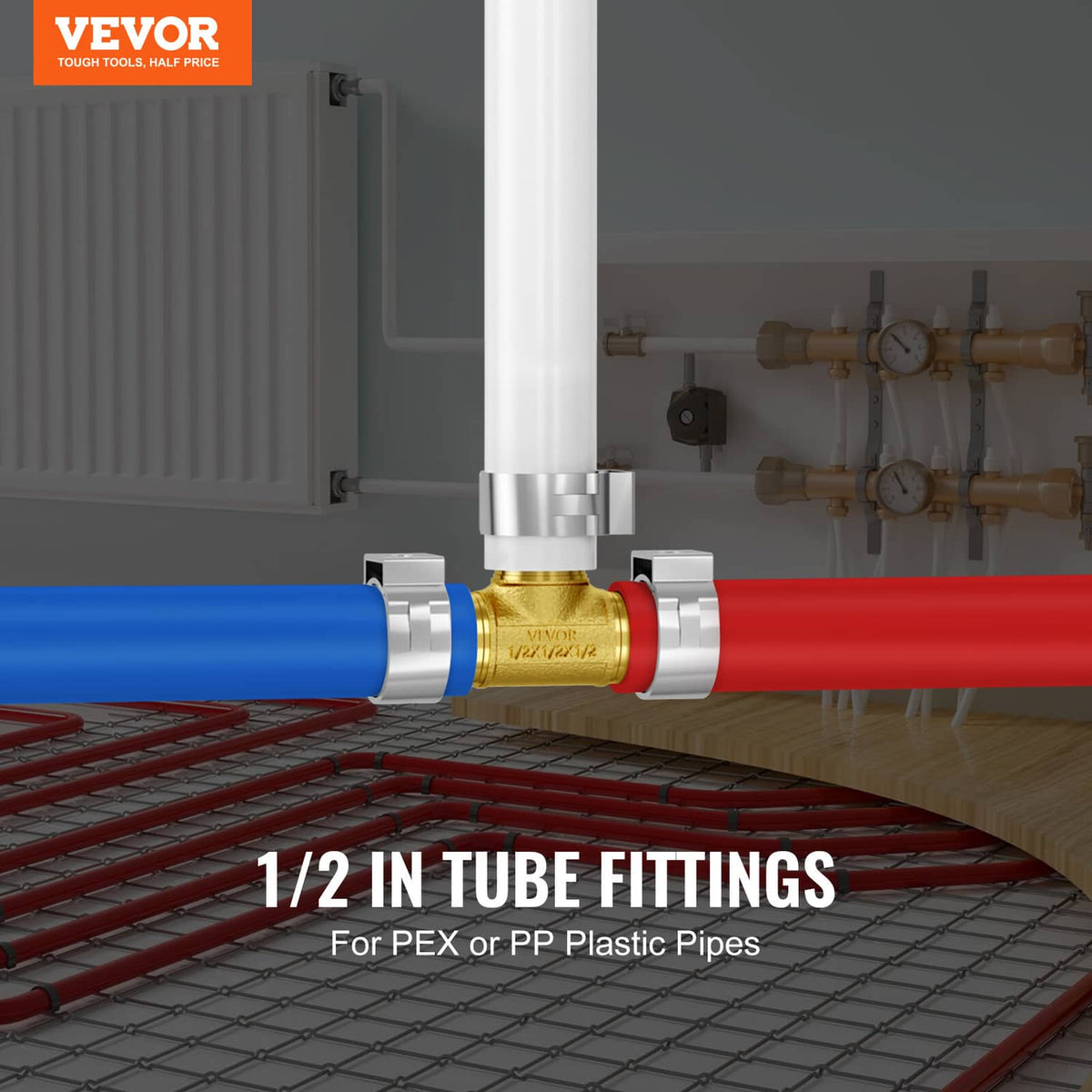 Brass clamp-style tee pipe fitting with silver clamps on 1/2 in blue tubing