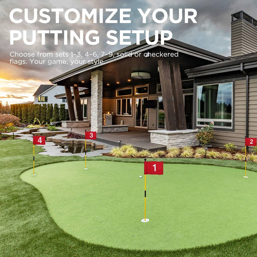 Miniature golf flagsticks with red numbered flags on yellow poles across a putting green