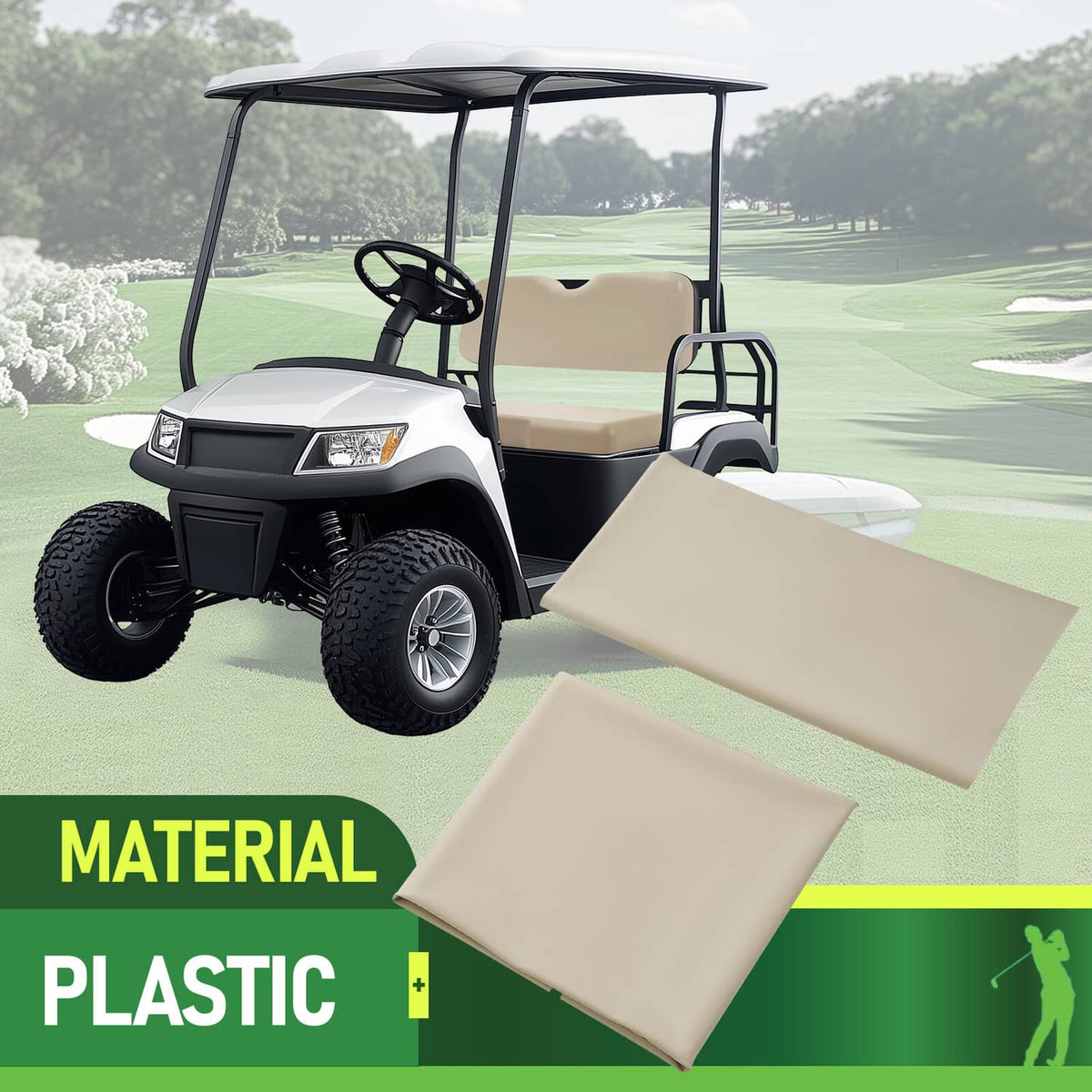 Tan golf cart seat cushion and seat back cover installed on front seat, angled view