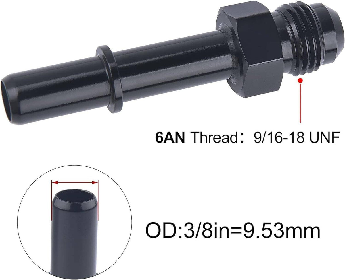 Black 6AN EFI male fitting with threaded end, O.D. measurement callout