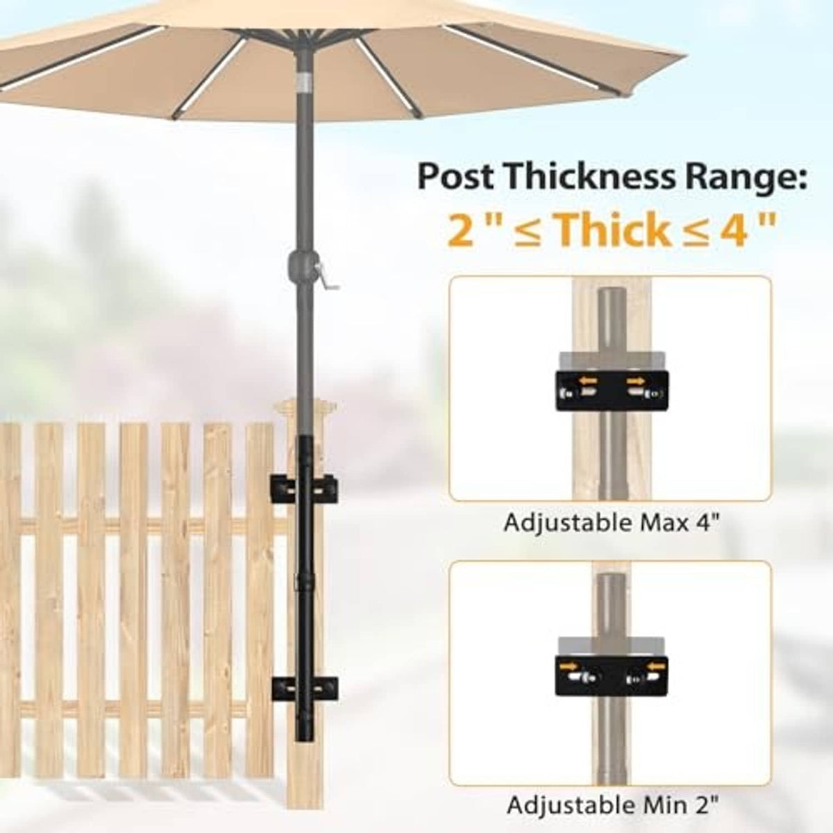 Black steel umbrella post mount with adjustable clamp plate for 2–4 in posts