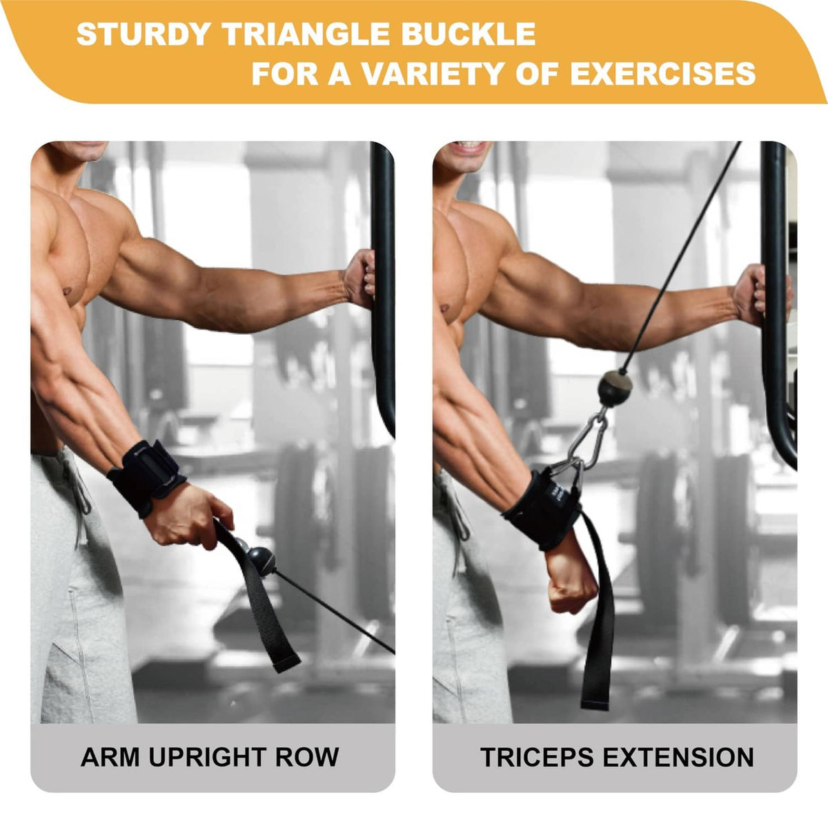 Black wrist straps on arms for cable and row exercises with triangle buckles